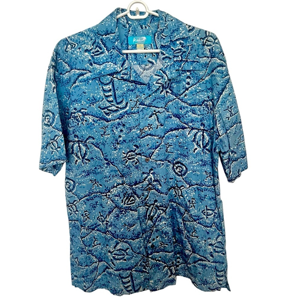 Kai Hawaiian Button-Up Shirt Men's Size XL Geometric Turtle Short Sleeve Blue‎